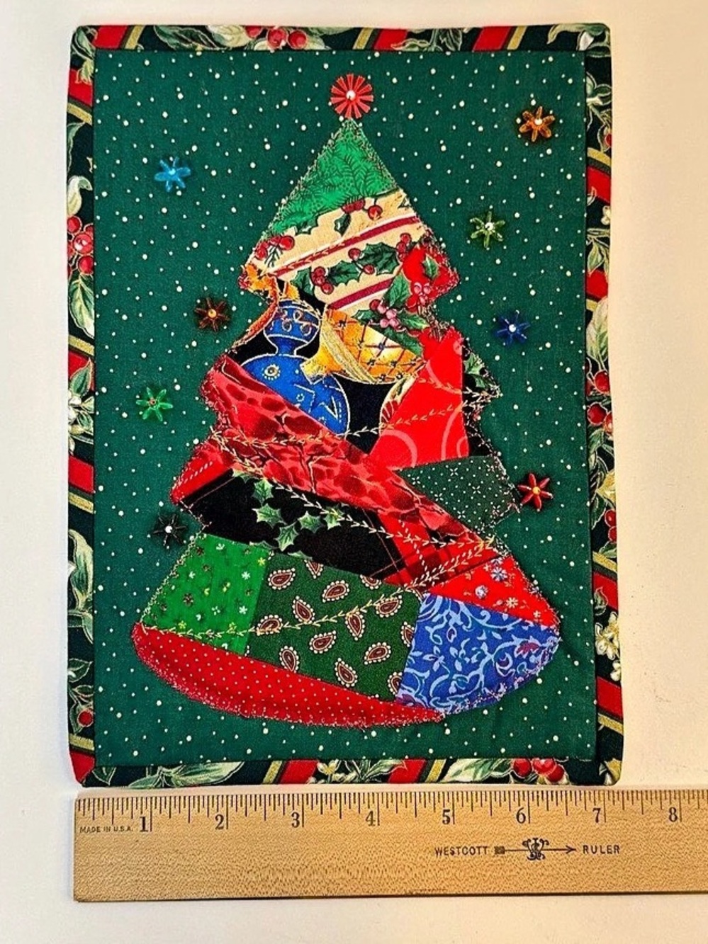 Handmade Embellished Quilted Christmas Tree Patchwork Decoration Whimsical Cotta